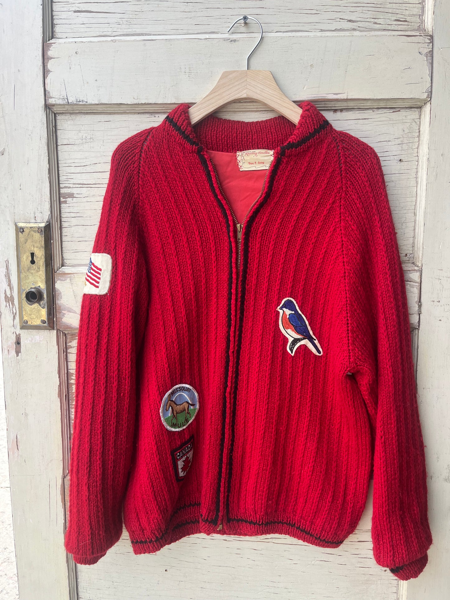 red knitted cardigan