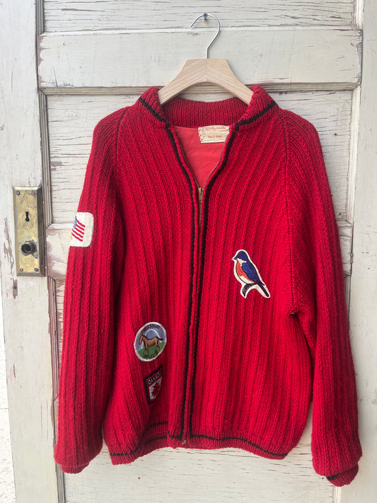 red knitted cardigan