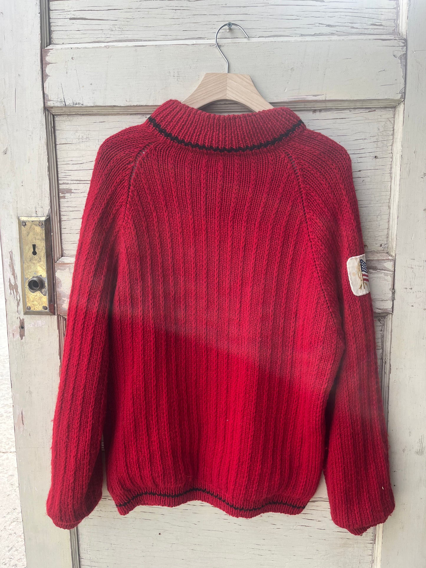 red knitted cardigan