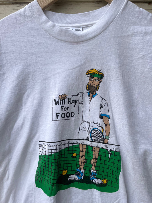 Tennis player "will play for food" tee